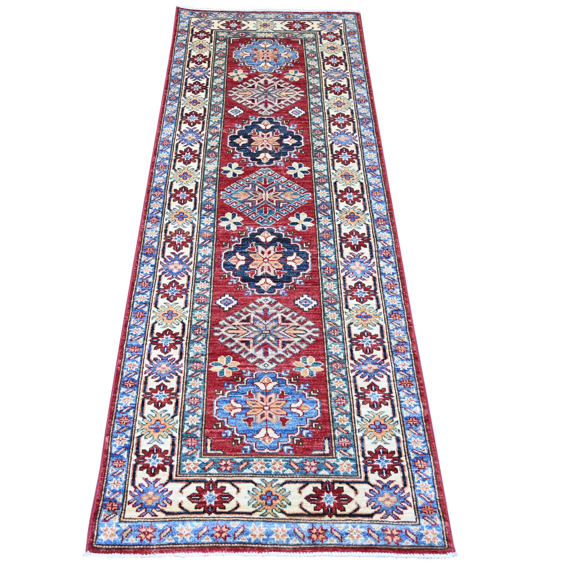 Savvy Red, Afghan Super Kazak with Tribal Medallions Design, Hand Knotted, Soft and Shiny Wool, Vegetable Dyes, Runner, Oriental Rug